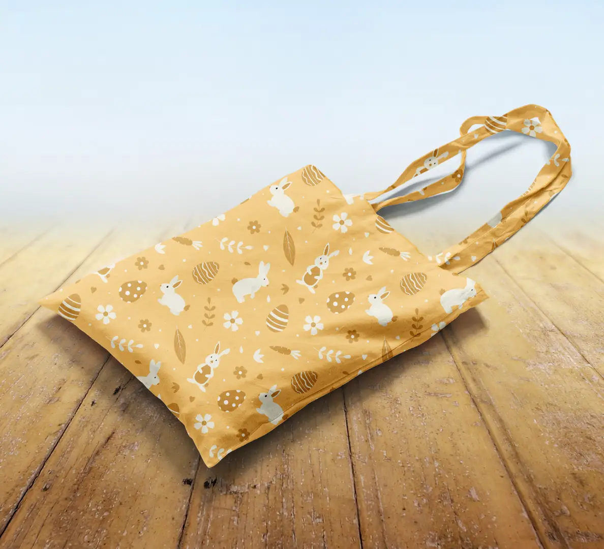 Easter Bunny Printed Yellow Canvas Fabric Tote Bag - Image 2