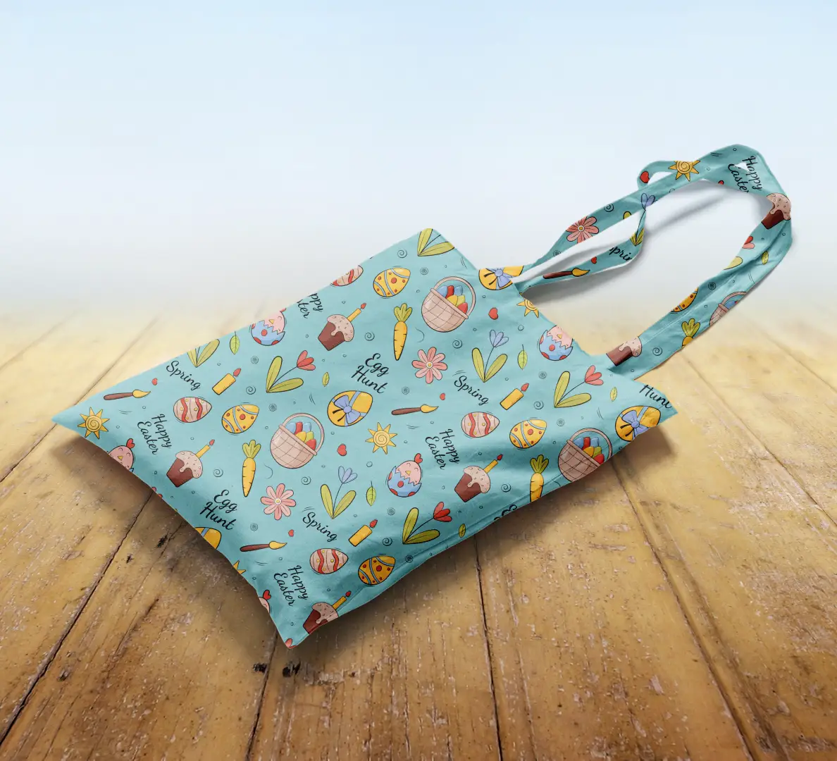 Mint Green Happy Easter Canvas Fabric Tote Bag - Image 2