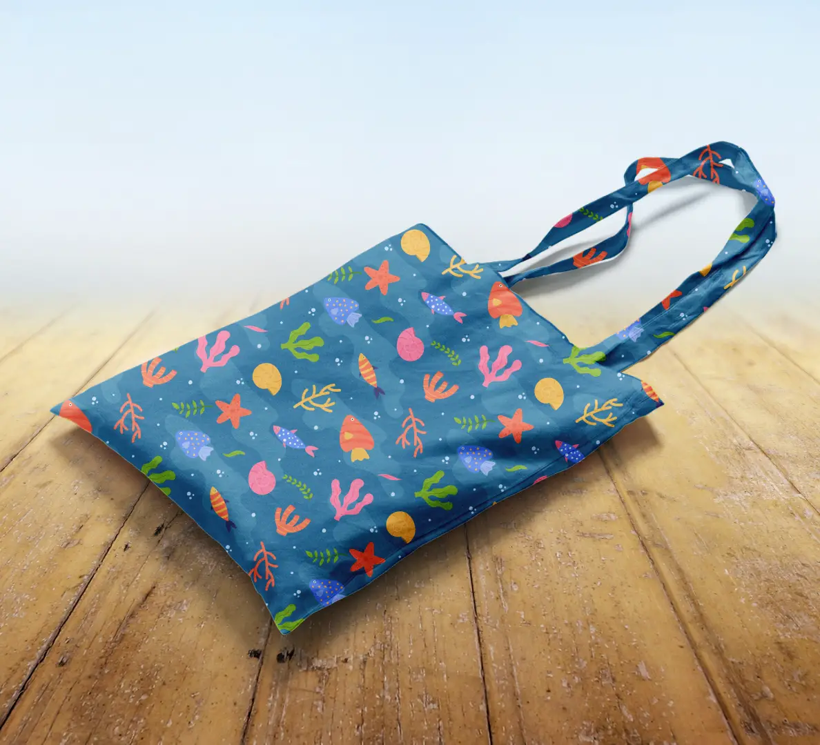 Sea Creatures Blue Canvas Fabric Tote Bag - Image 2