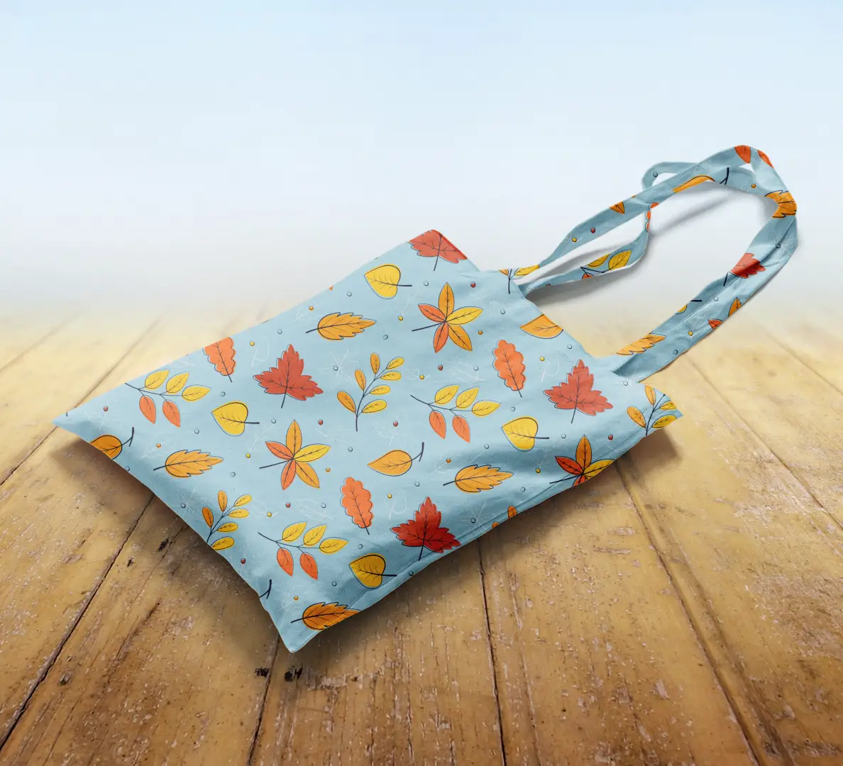 Autumn Leaves Printed Sky Blue Canvas Fabric Tote Bag - Image 2