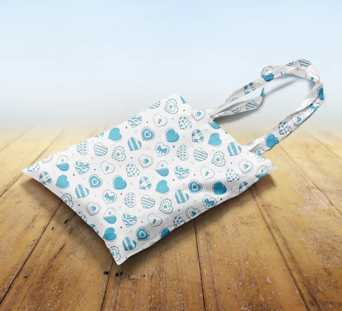 Lovely Blue Hearts Printed Canvas Fabric Tote Bag - Image 2