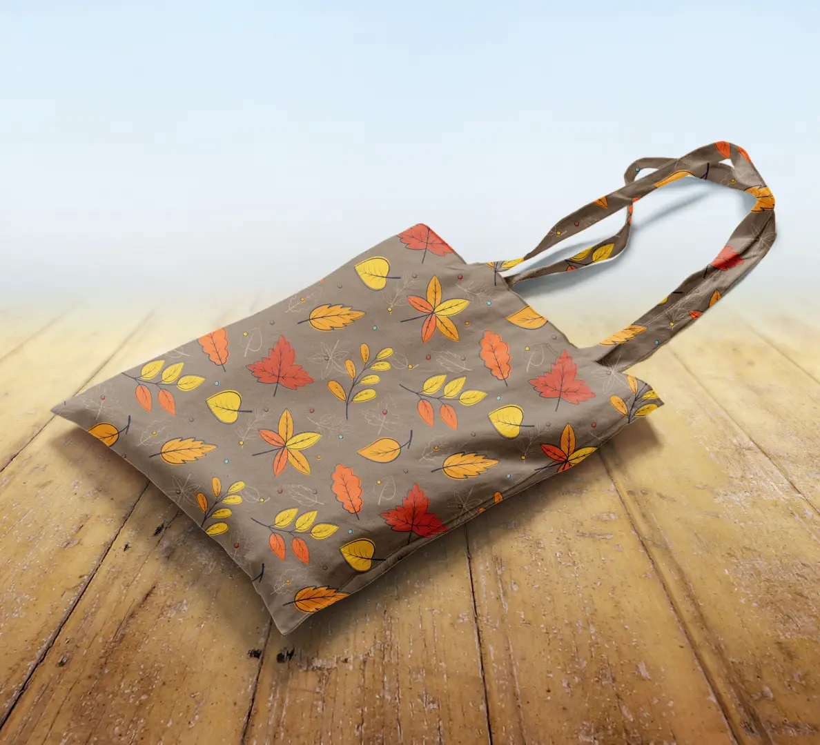 Autumn Leaves Printed Chocolate Color Canvas Fabric Tote Bag - Image 2