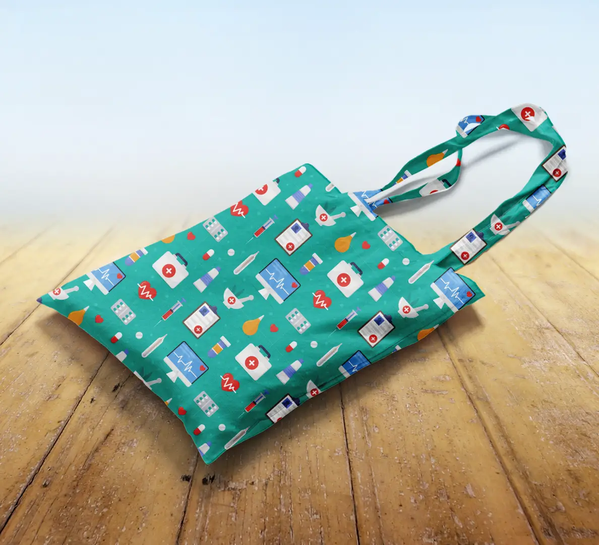 Medicines Printed Teal Color Canvas Fabric Tote Bag - Image 2