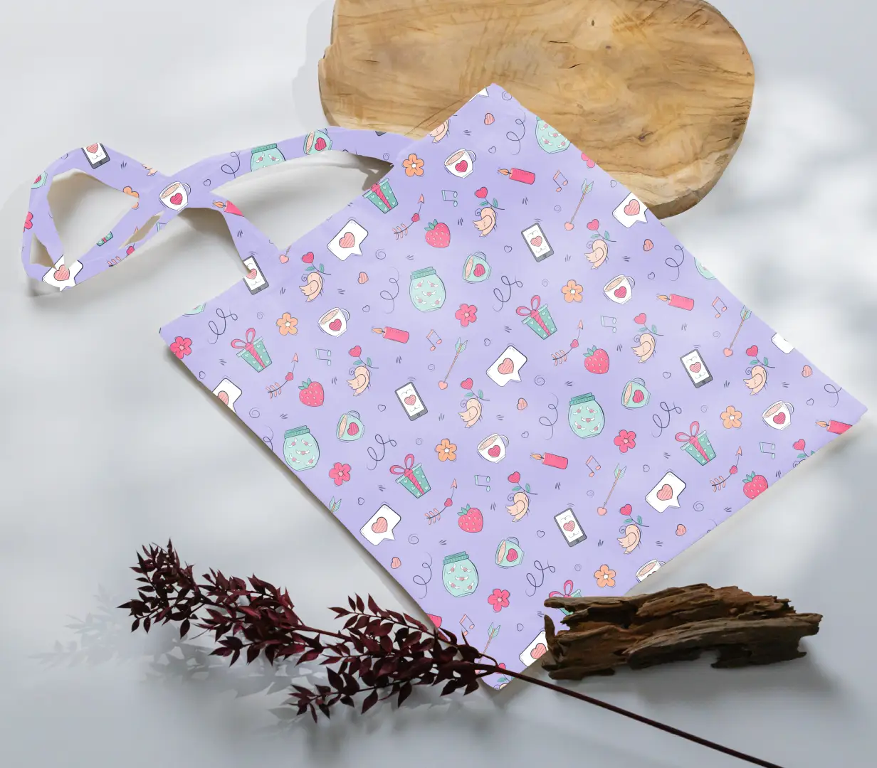 Love Birds Lavender Color Canvas Fabric Tote Bag - Image 3