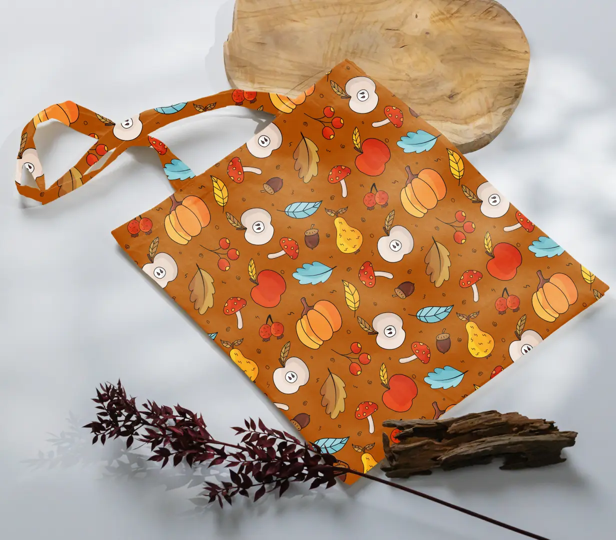 Autumn Fruits Printed Brown Canvas Fabric Tote Bag - Image 3