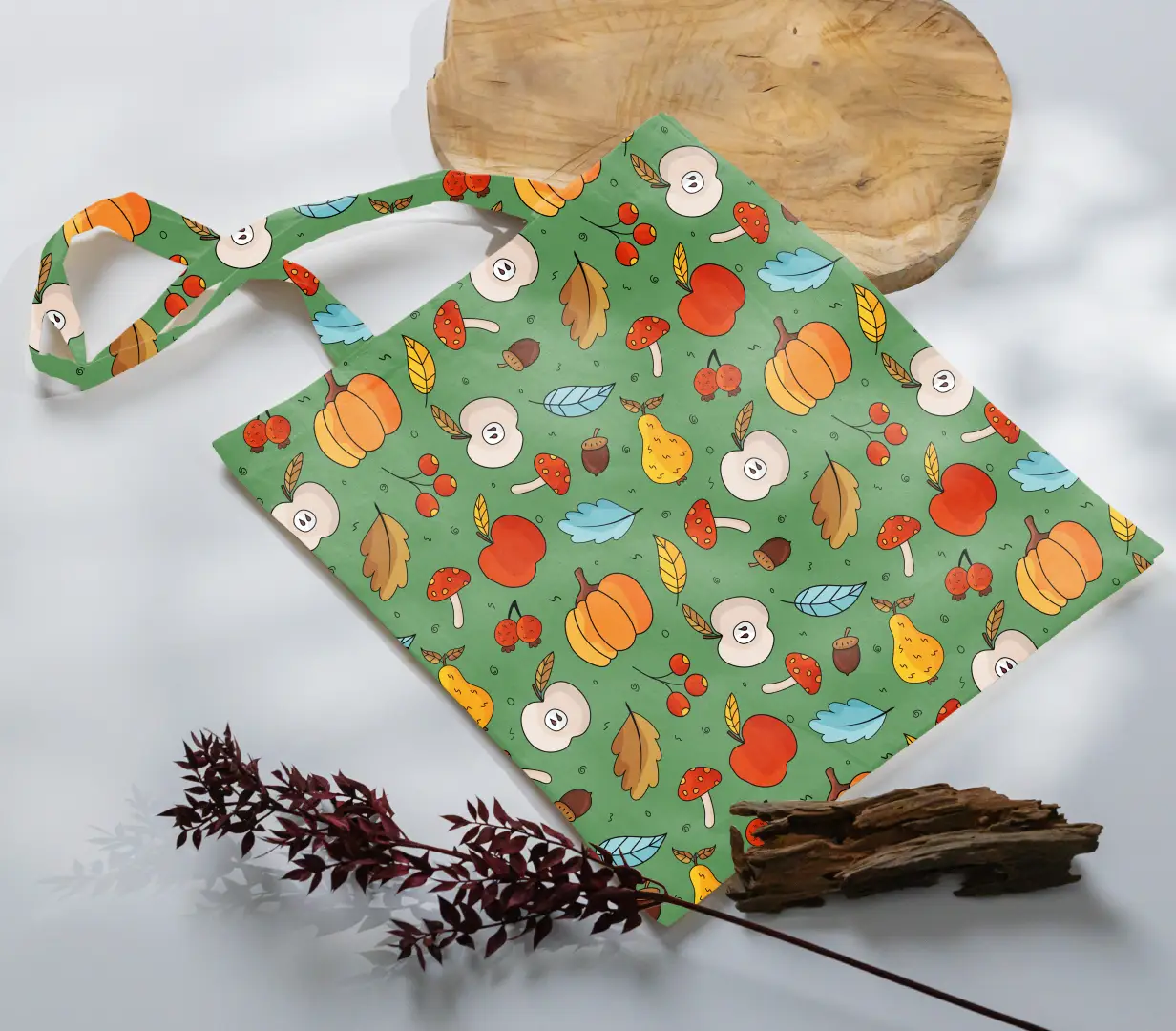 Autumn Fruits Printed Green Canvas Fabric Tote Bag - Image 3