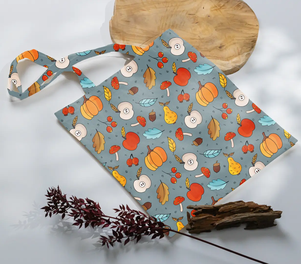 Autumn Fruits Printed Grey Canvas Fabric Tote Bag - Image 3