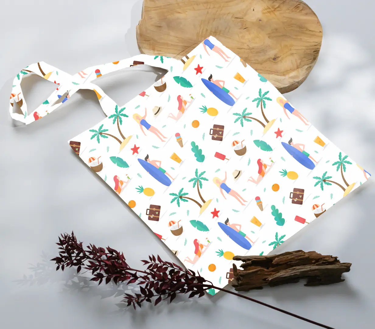 Sunny Beach Printed Canvas Fabric Tote Bag - Image 3