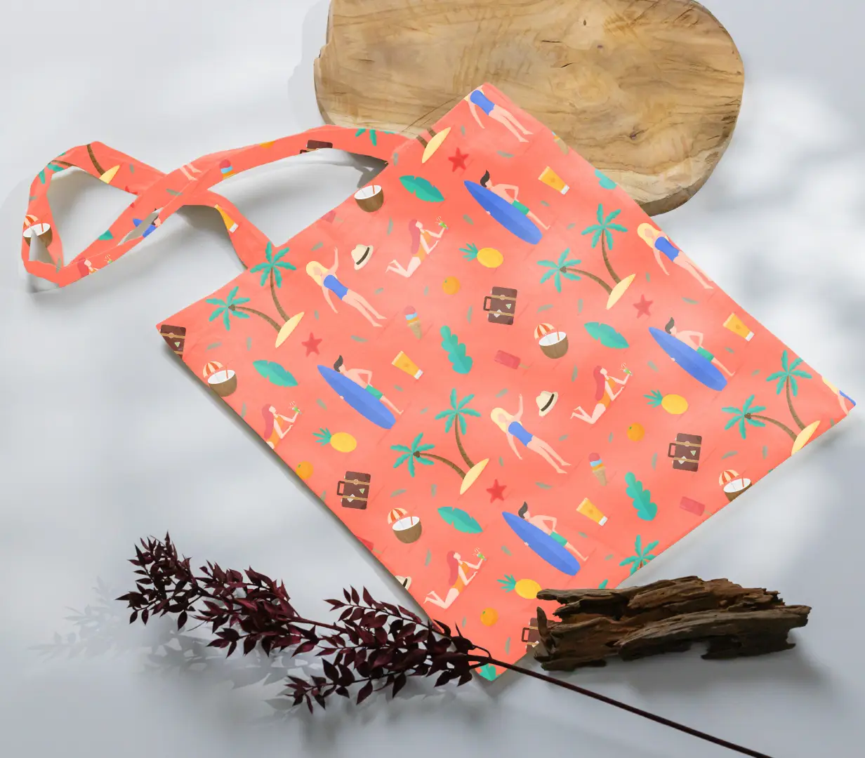 Sunny Beach Printed Peach Canvas Fabric Tote Bag - Image 3