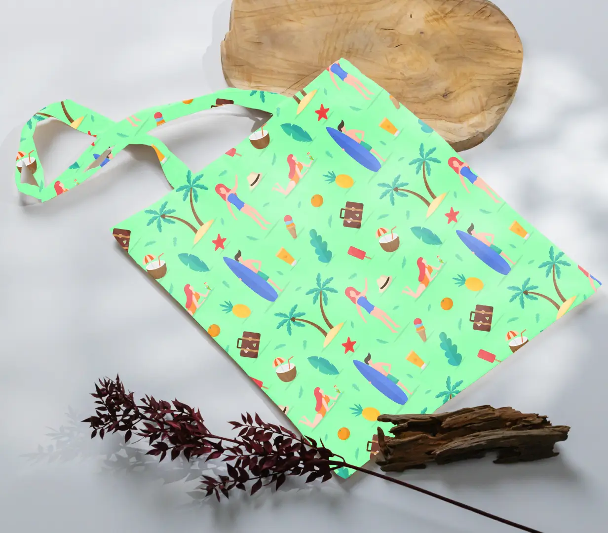 Sunny Beach Printed Mint Canvas Fabric Tote Bag - Image 3