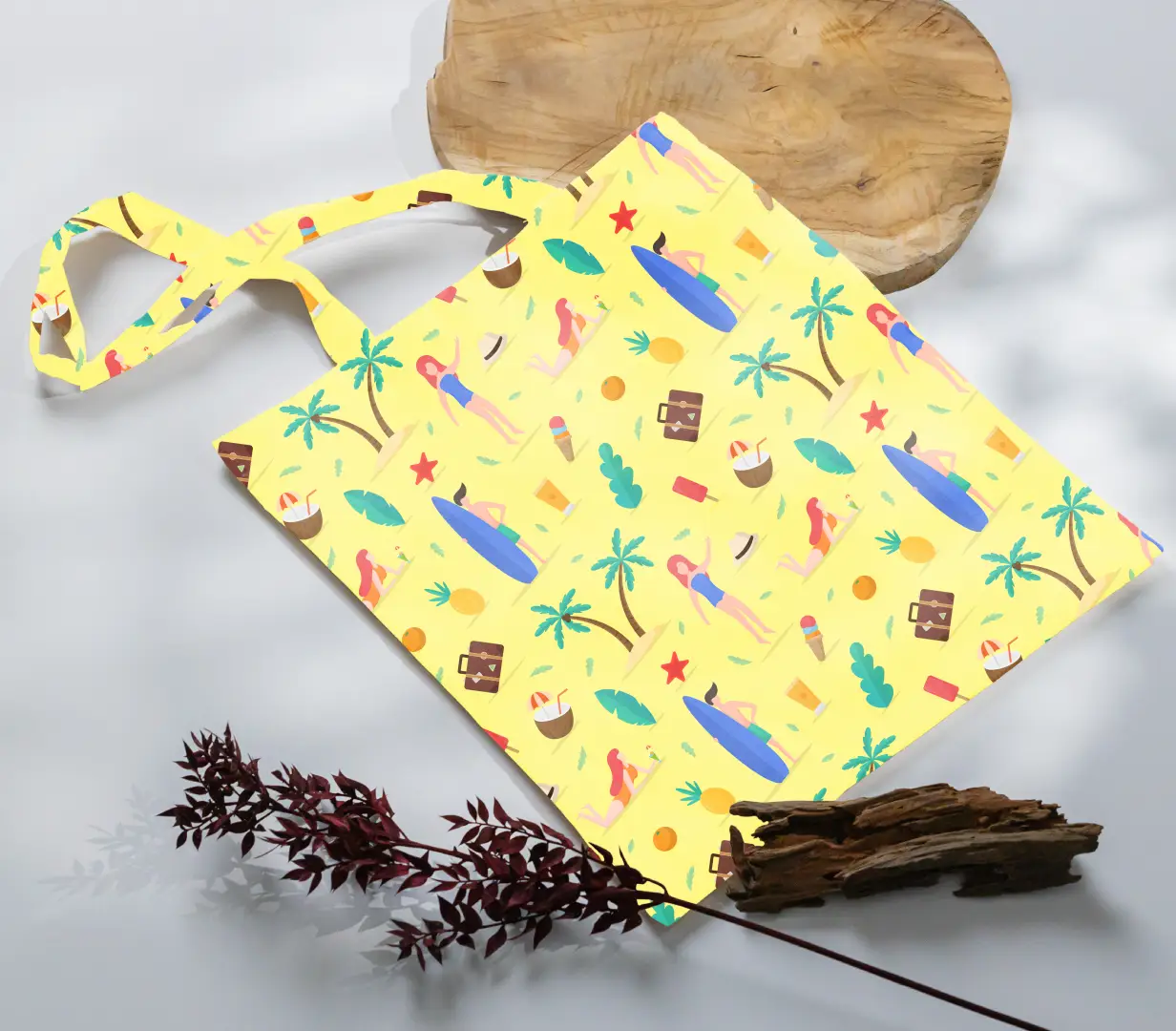 Sunny Beach Printed Yellow Canvas Fabric Tote Bag - Image 3