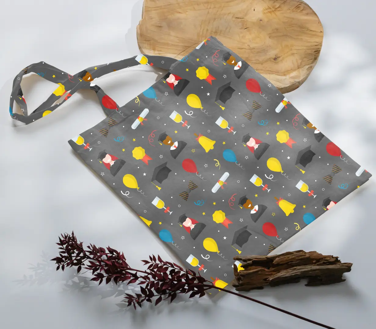 Grad Celebration Day Printed Grey Color Canvas Fabric Tote Bag - Image 3