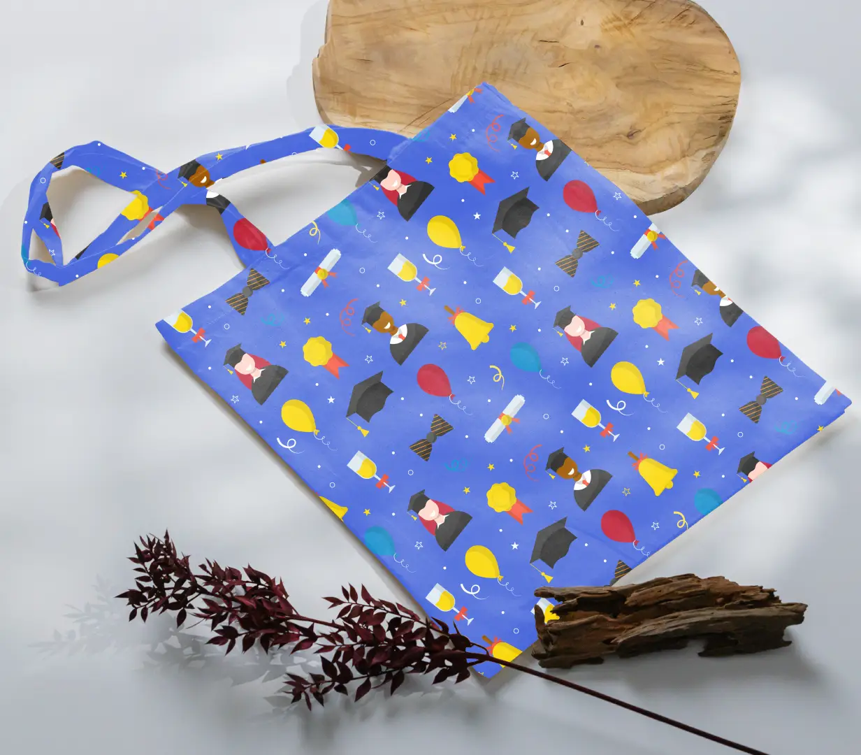 Grad Celebration Day Printed Navy Blue Canvas Fabric Tote Bag - Image 3