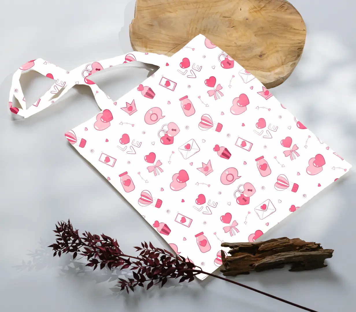 Lovely Red White Canvas Fabric Tote Bag - Image 3