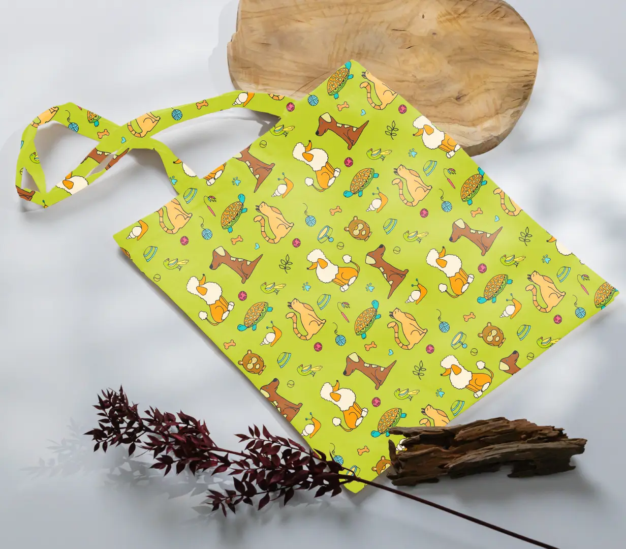 Dogs Printed Green Canvas Fabric Tote Bag - Image 3