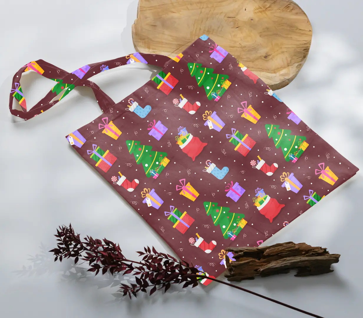 Christmas Goodies Printed Brown Canvas Fabric Tote Bag - Image 3
