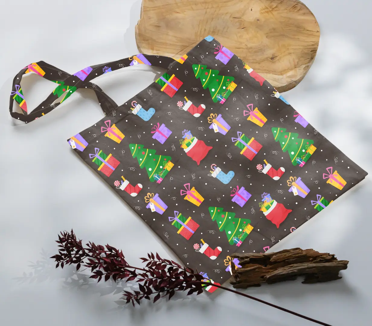 Christmas Goodies Printed Grey Canvas Fabric Tote Bag - Image 3