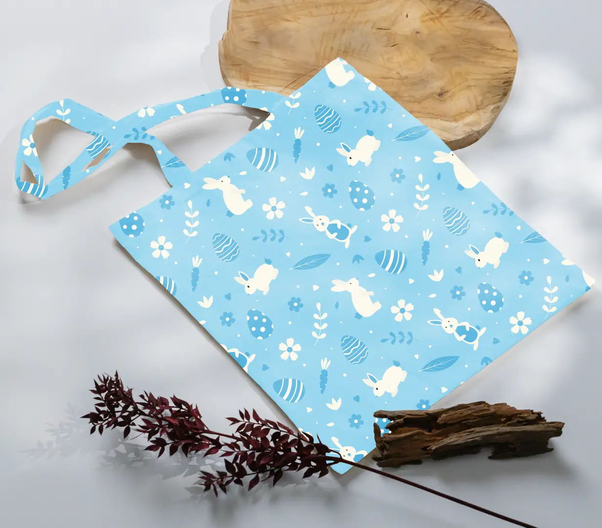 Easter Bunny Printed Sky Blue Canvas Fabric Tote Bag - Image 3