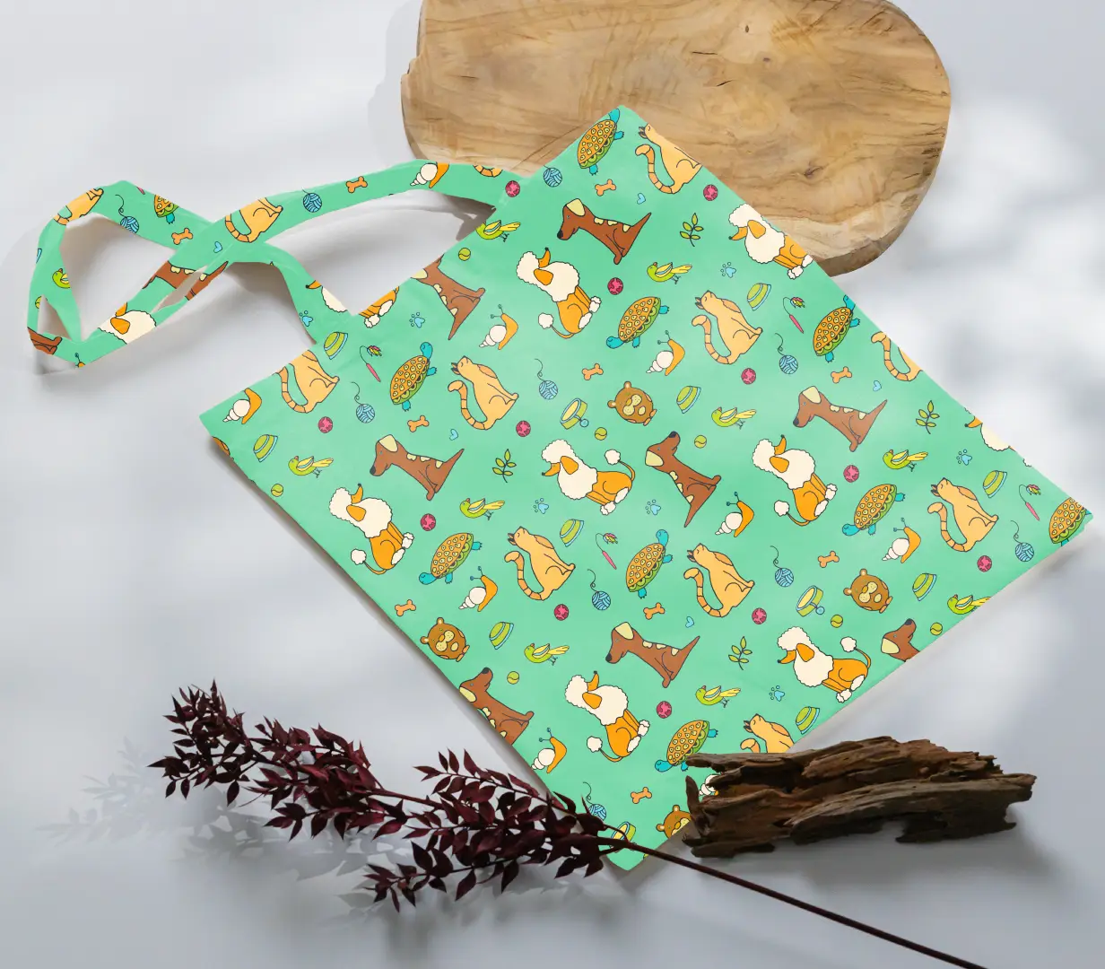 Dogs Printed Mint Canvas Fabric Tote Bag - Image 3