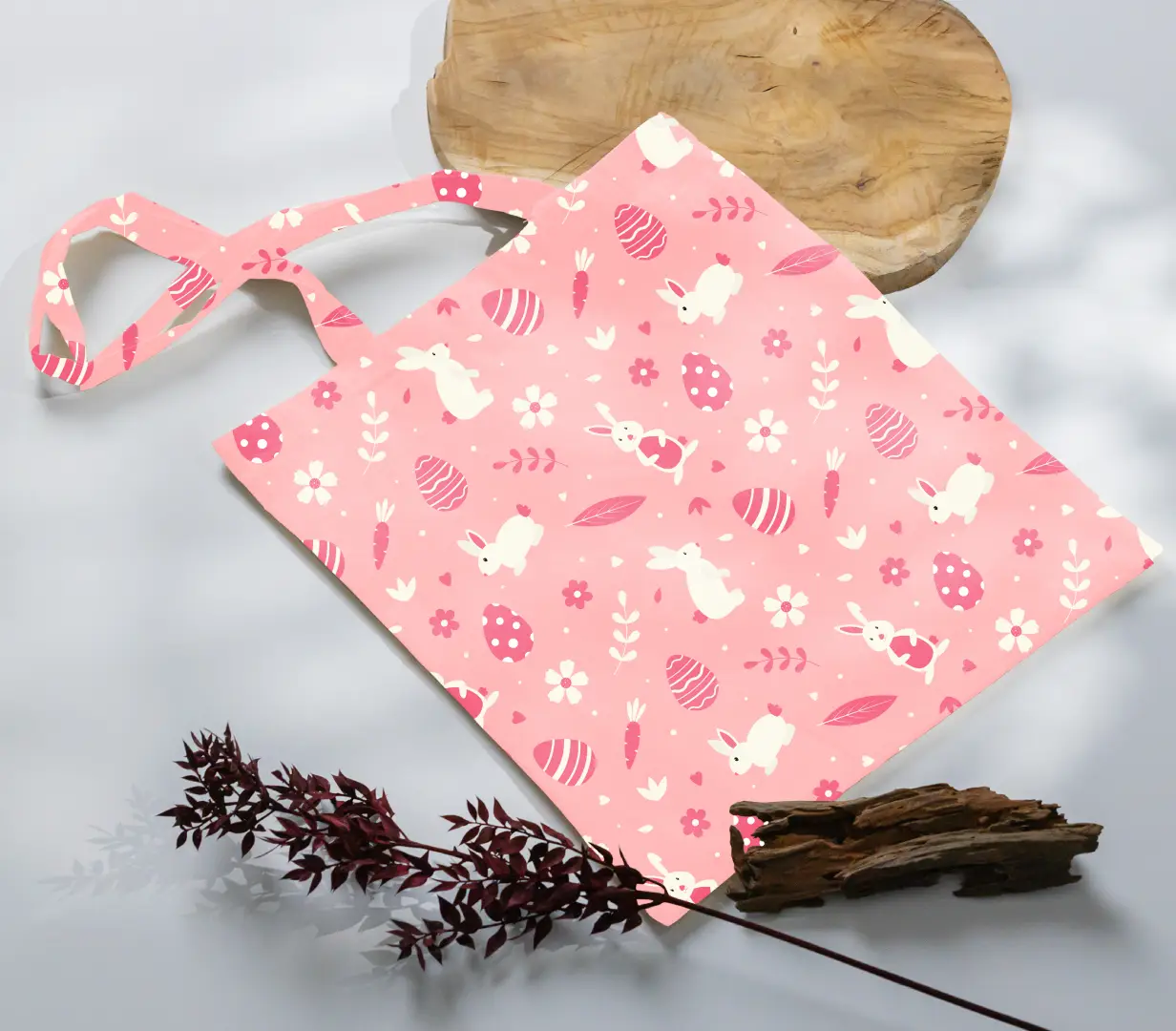 Easter Bunny Printed Peach Canvas Fabric Tote Bag - Image 3