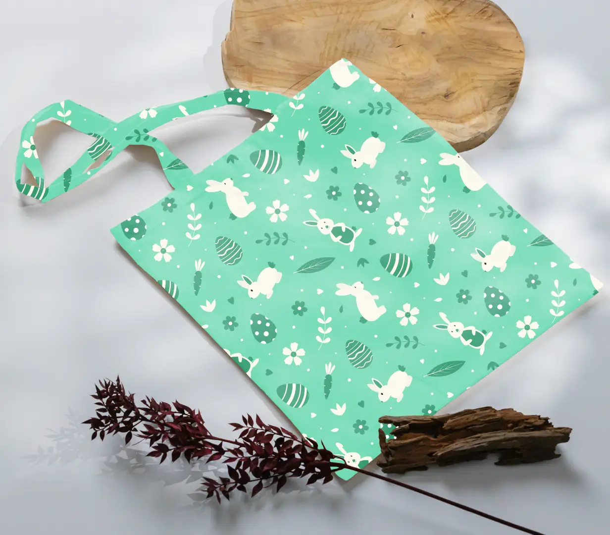Easter Bunny Printed Green Canvas Fabric Tote Bag - Image 3
