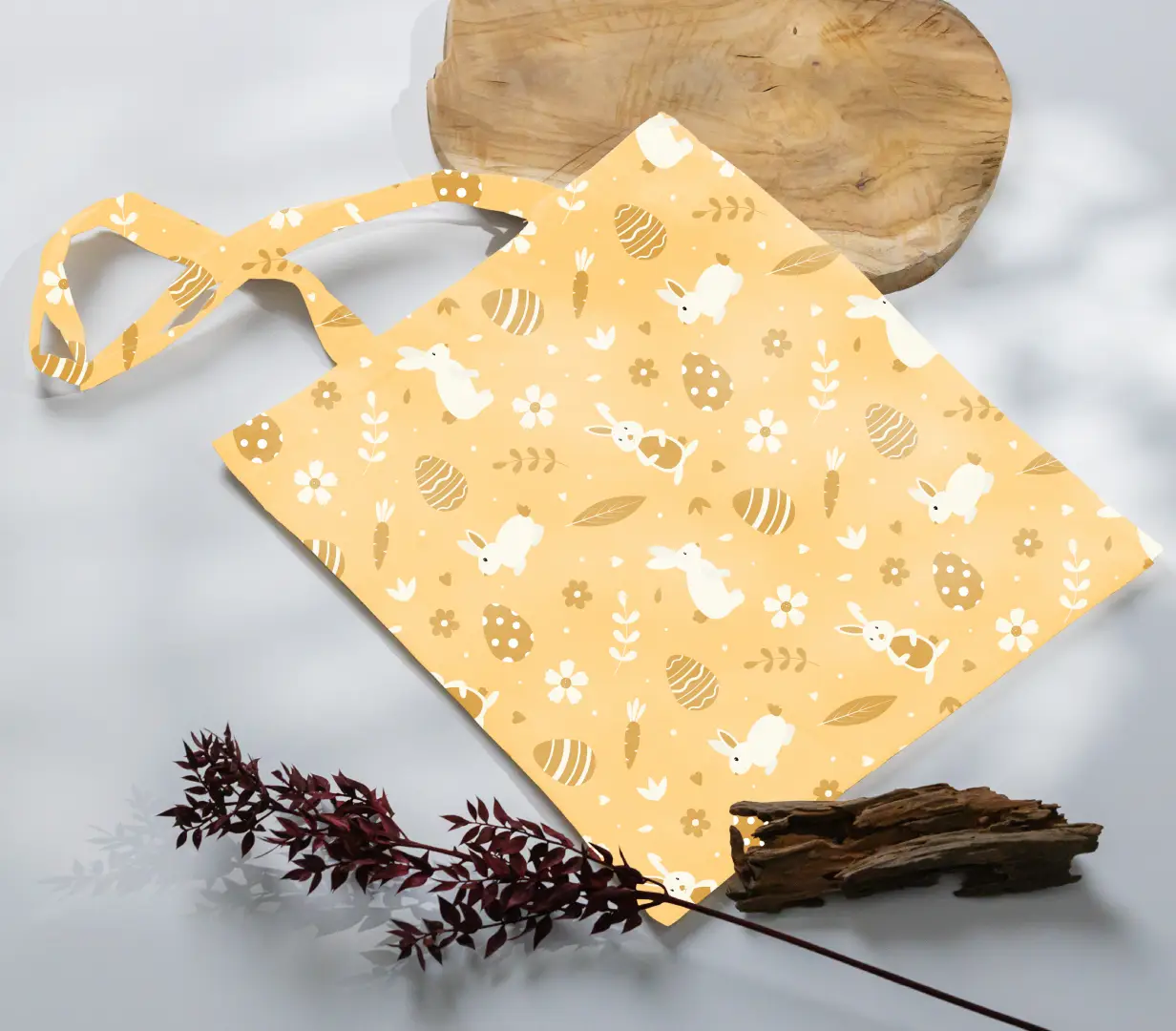 Easter Bunny Printed Yellow Canvas Fabric Tote Bag - Image 3