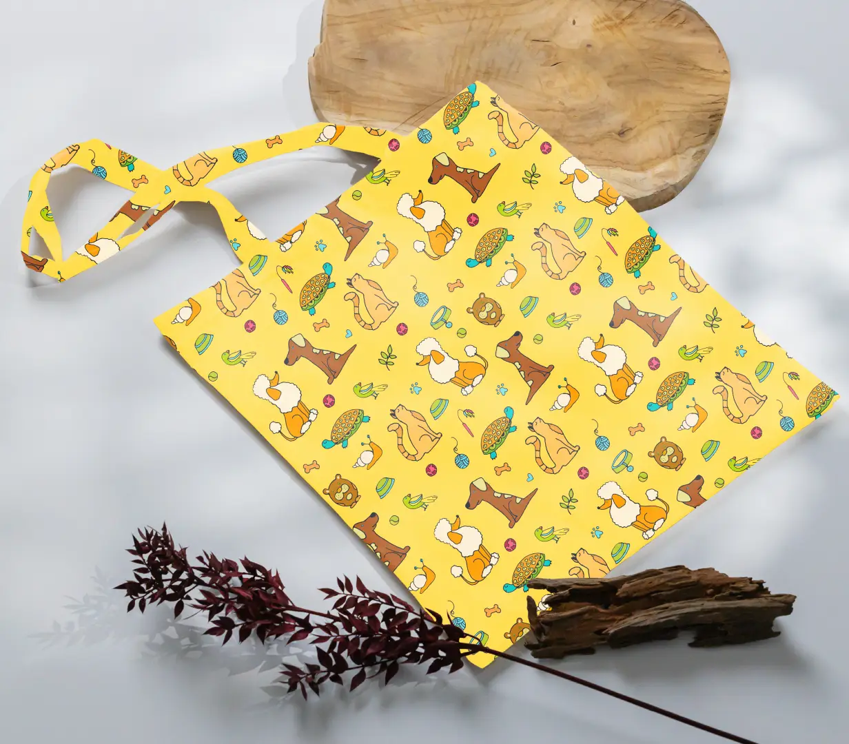 Dogs Printed Yellow Canvas Fabric Tote Bag - Image 3