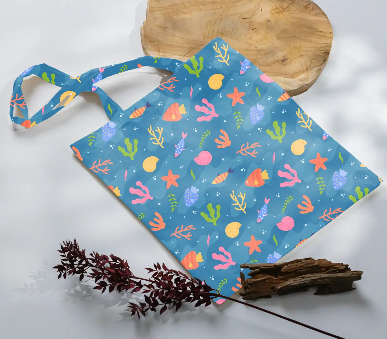 Sea Creatures Blue Canvas Fabric Tote Bag - Image 3