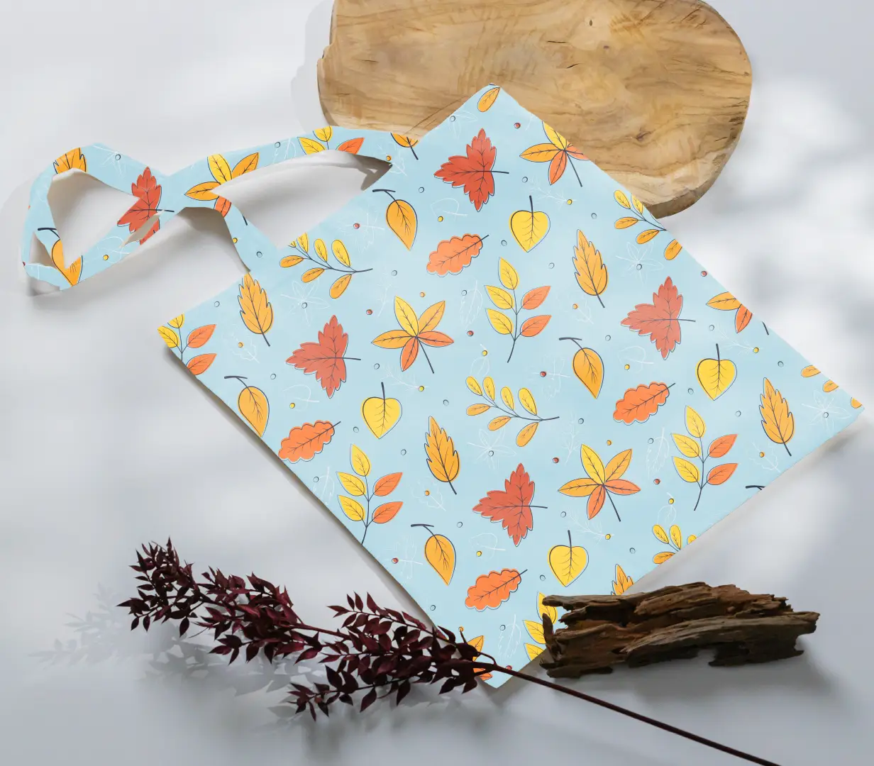 Autumn Leaves Printed Sky Blue Canvas Fabric Tote Bag - Image 3