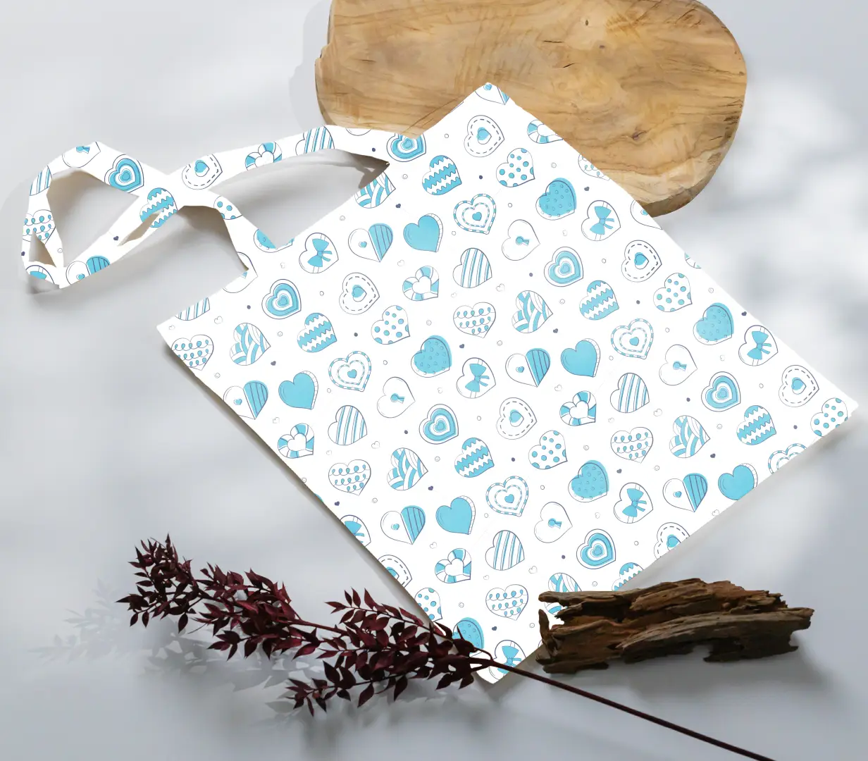 Lovely Blue Hearts Printed Canvas Fabric Tote Bag - Image 3