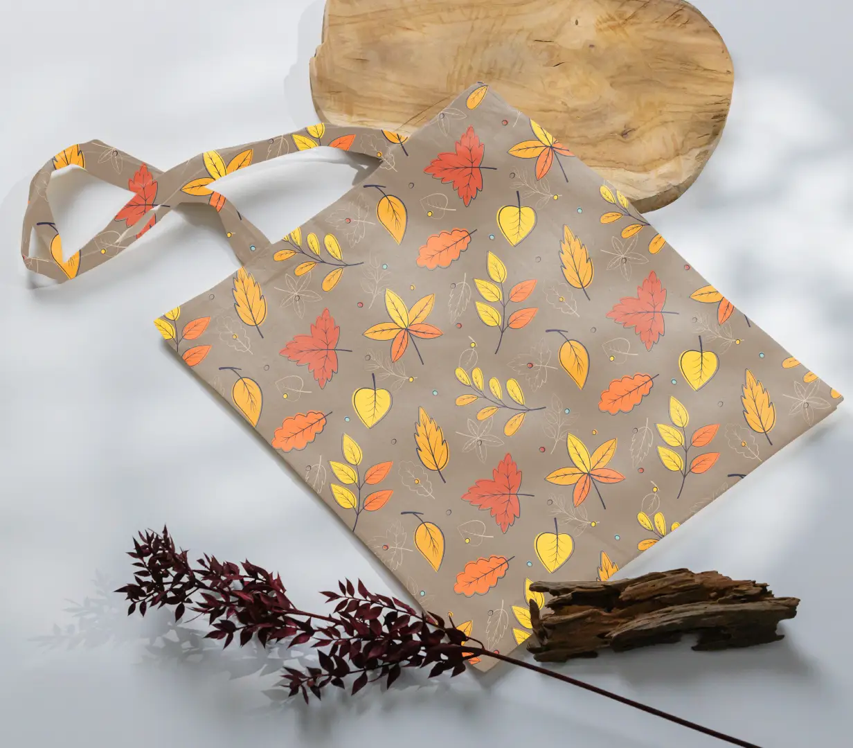 Autumn Leaves Printed Chocolate Color Canvas Fabric Tote Bag - Image 3