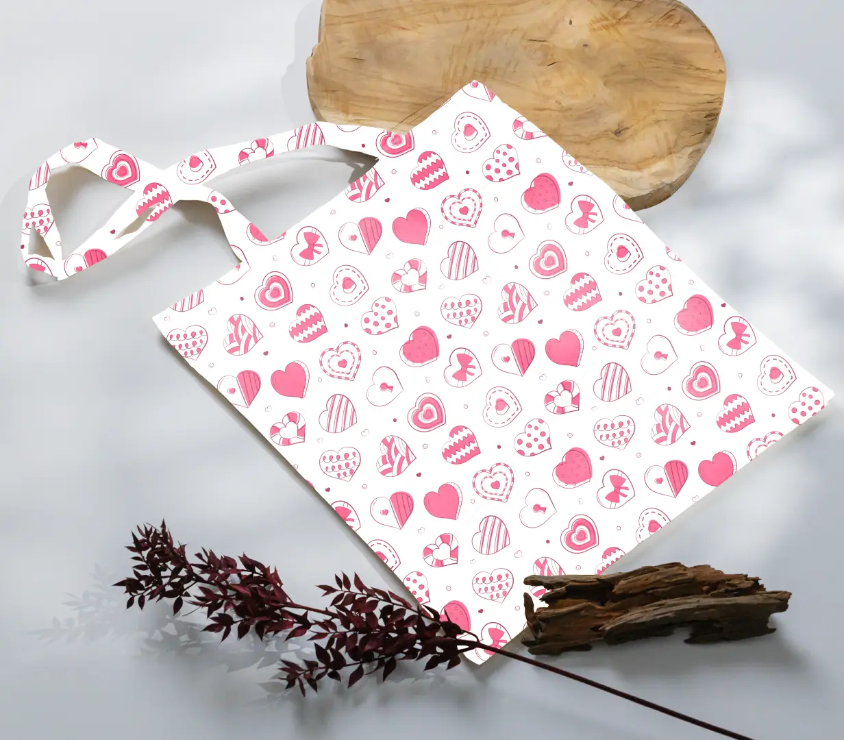 Lovely Pink Hearts Printed Canvas Fabric Tote Bag - Image 3