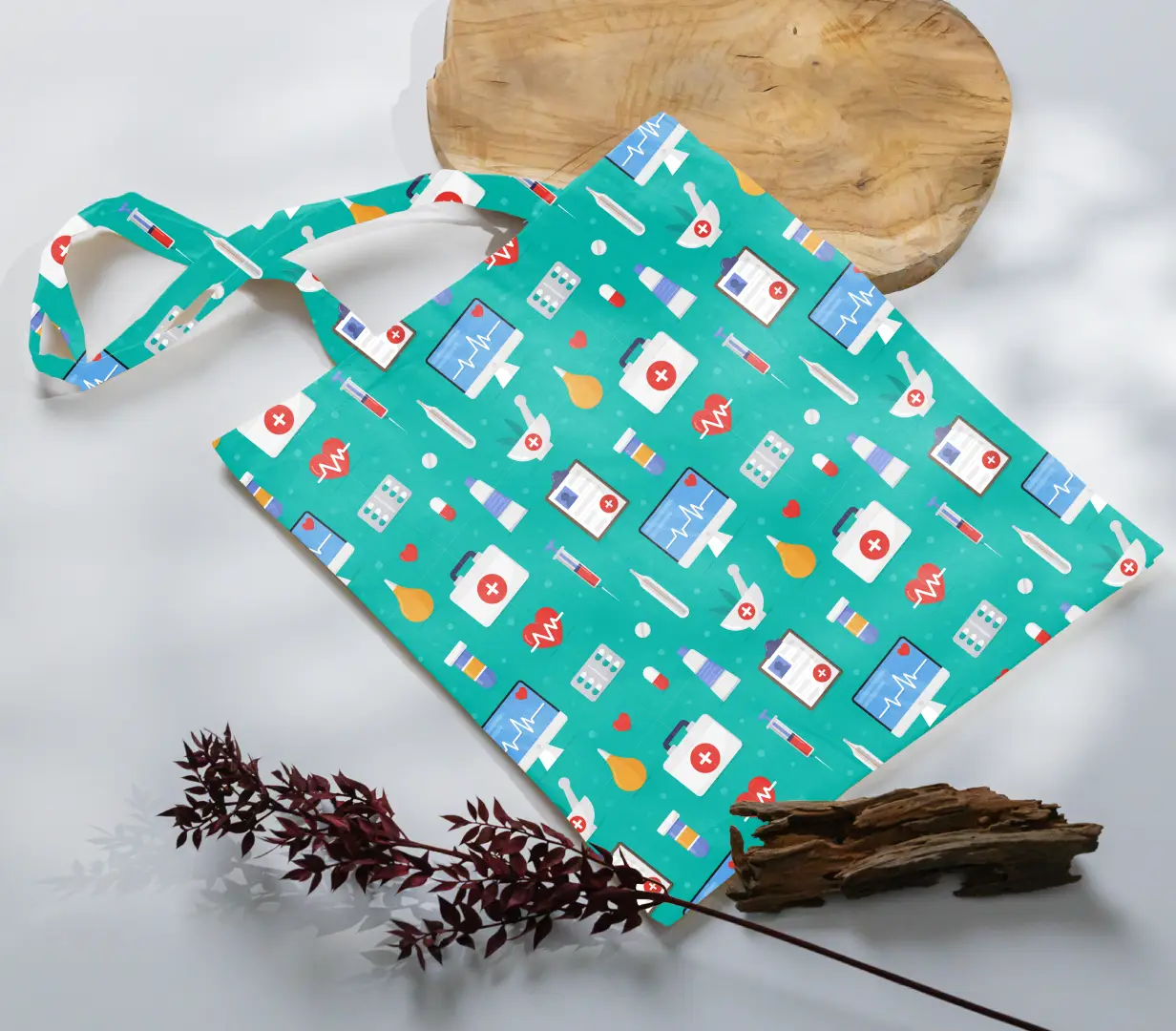 Medicines Printed Teal Color Canvas Fabric Tote Bag - Image 3