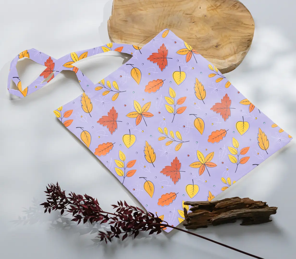 Autumn Leaves Printed Purple Canvas Fabric Tote Bag - Image 3