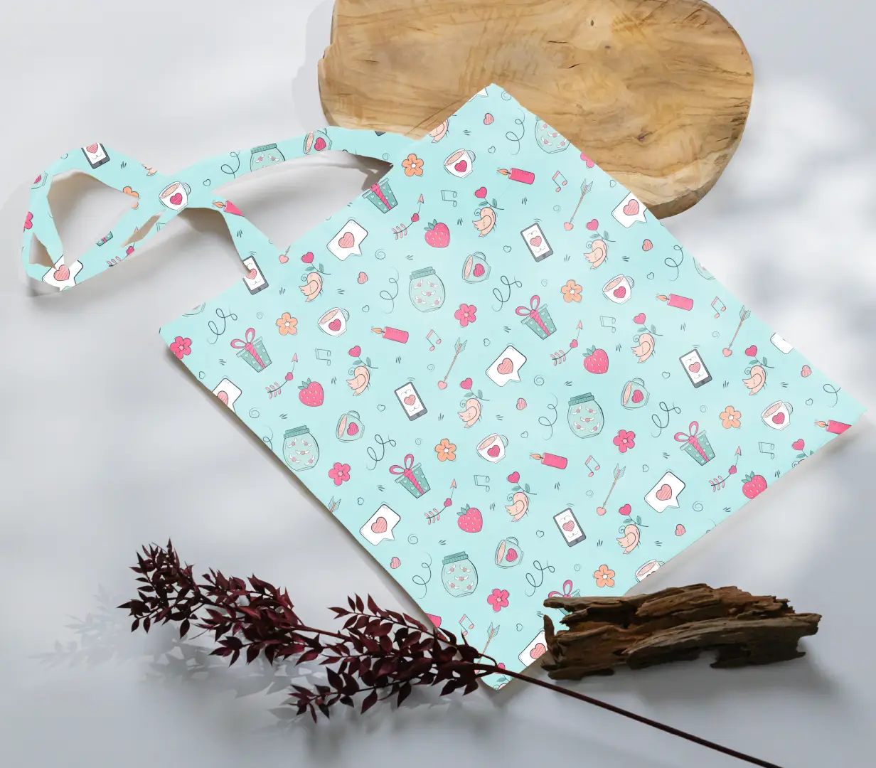 Love Birds Mint Color Canvas Fabric Tote Bag - Image 3