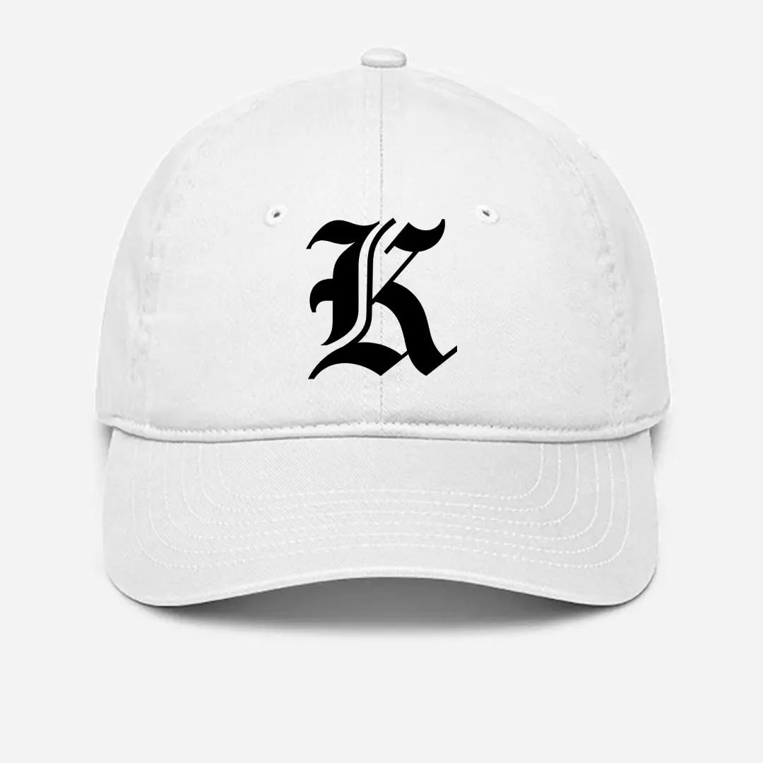 Alphabet K Embroidered White Baseball Cap