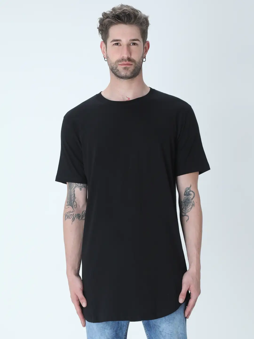 Black Cotton Longline Curved Bottom T-shirt