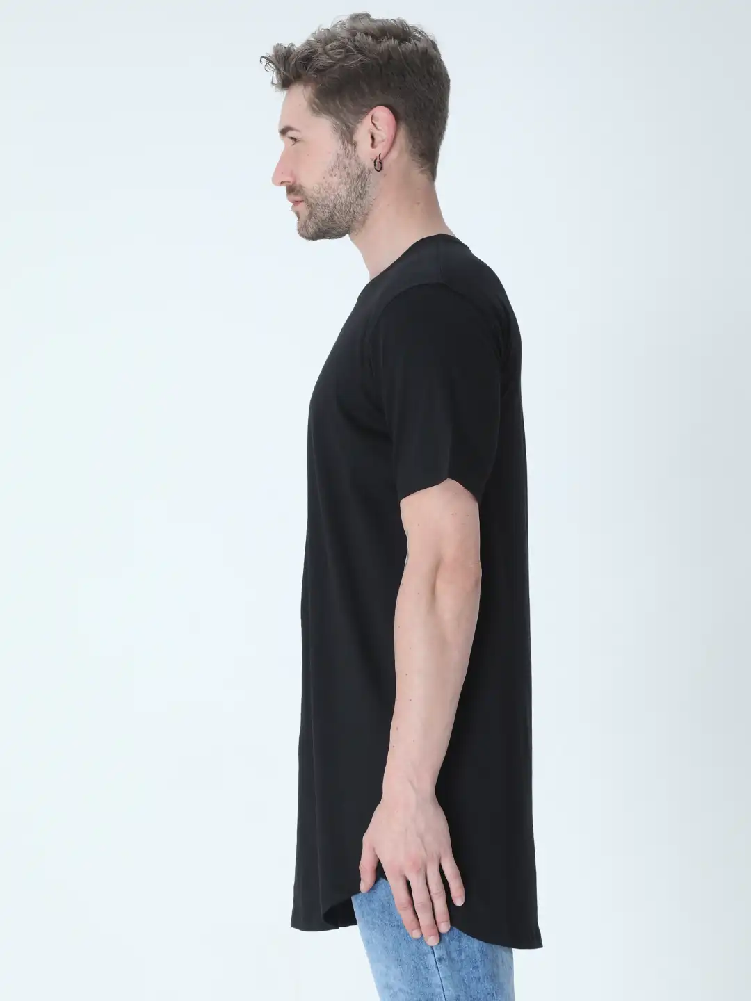 Black Cotton Longline Curved Bottom T-shirt - Image 3