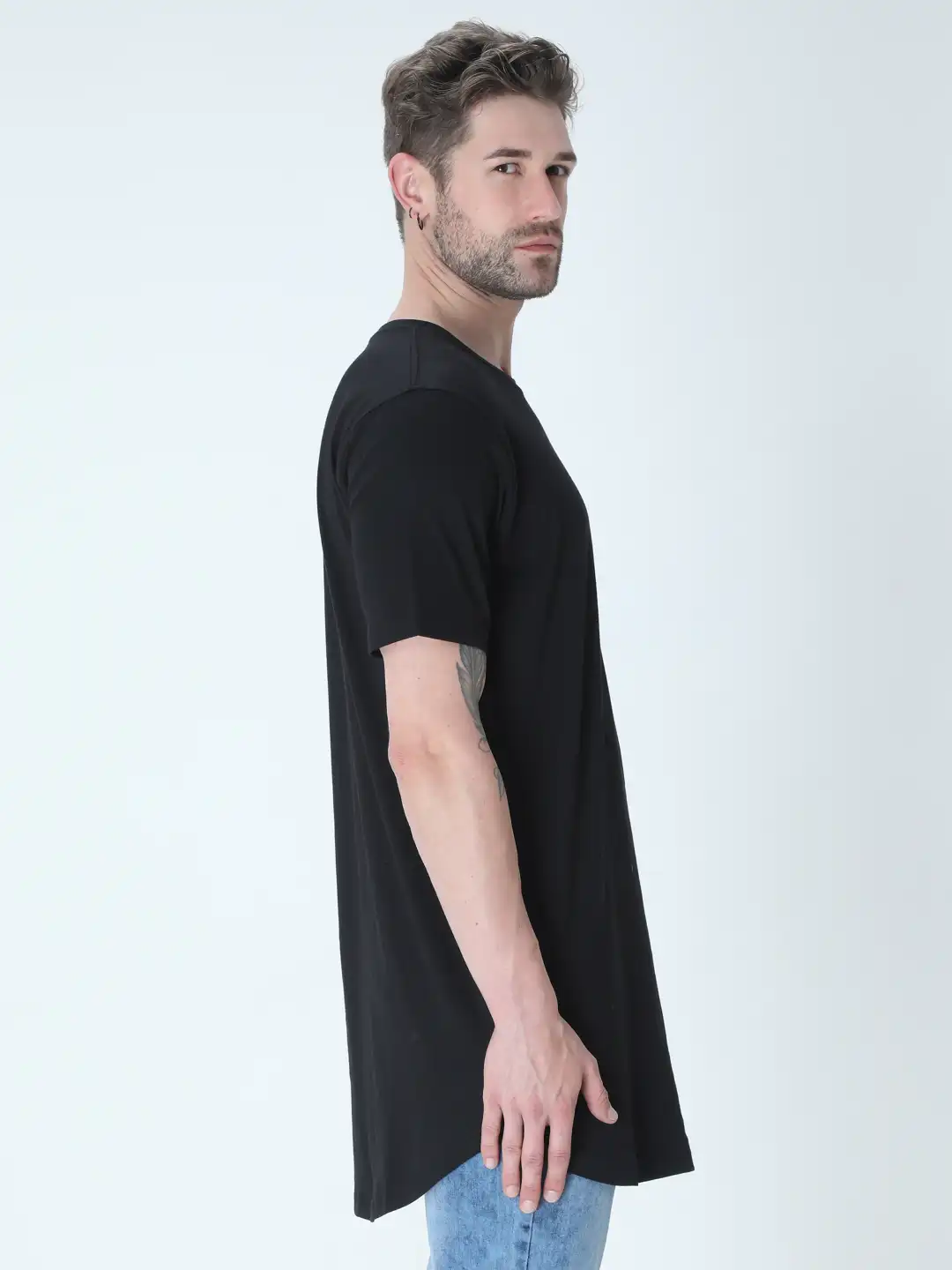 Black Cotton Longline Curved Bottom T-shirt - Image 4