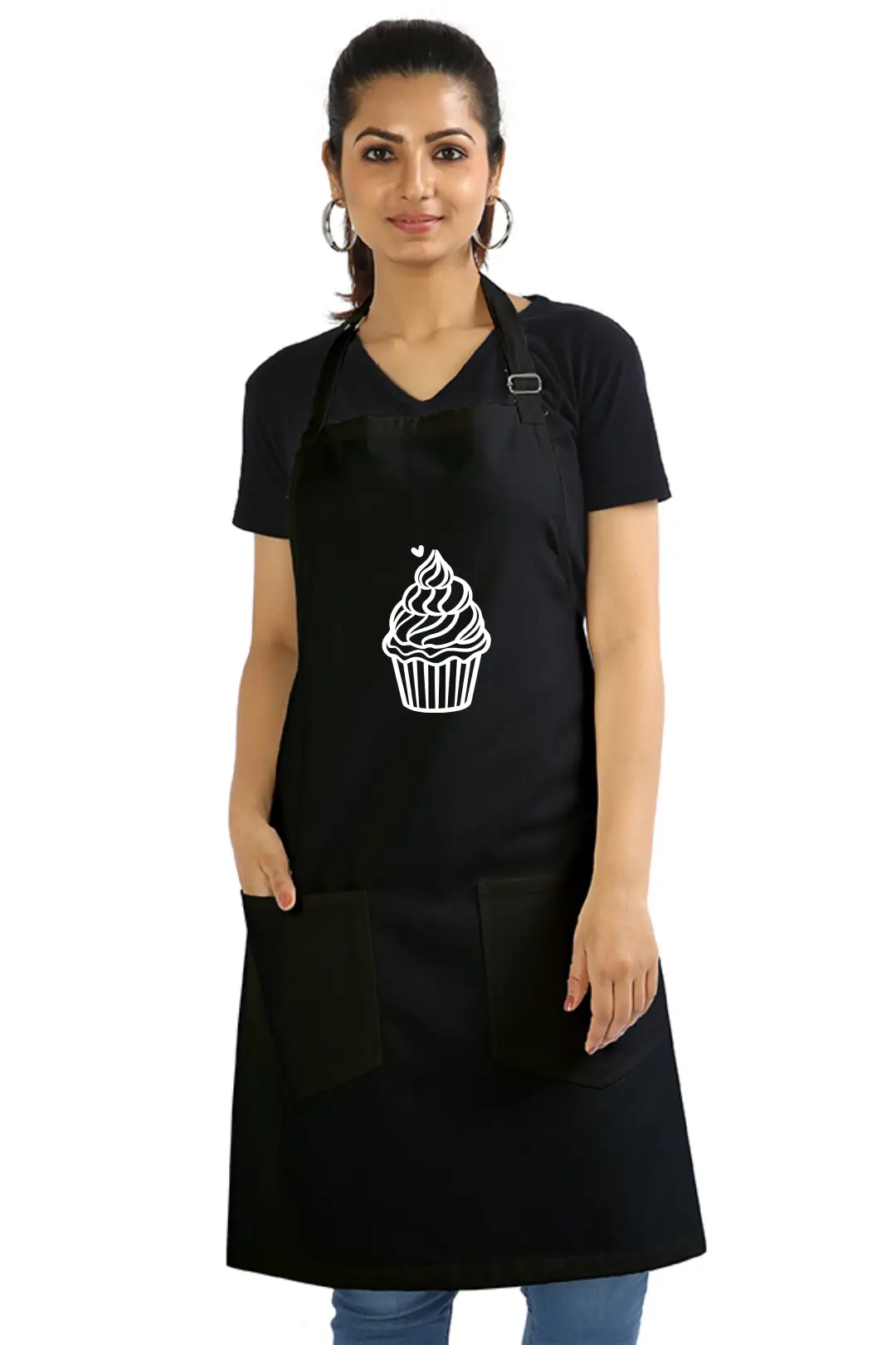 Black Color Cup Cake Cotton Apron With Front Pockets