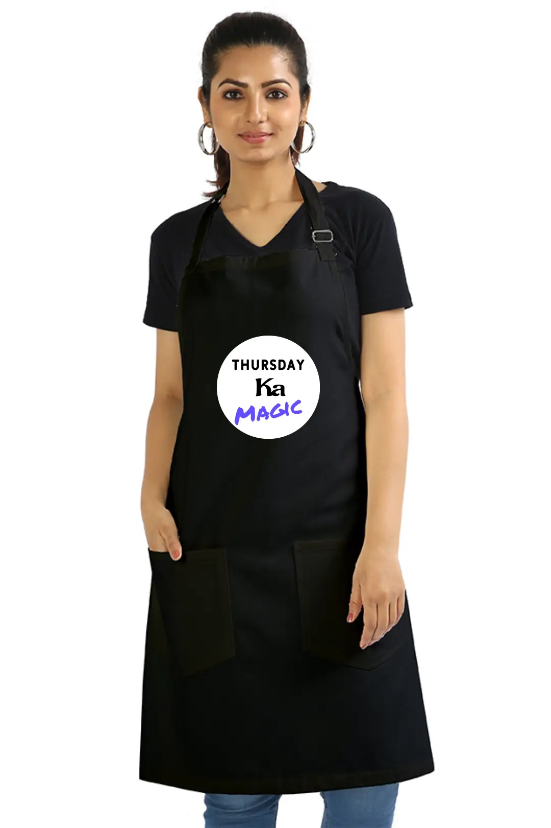 Black Color Thursday Ka Magic Cotton Apron With Adjustable Straps