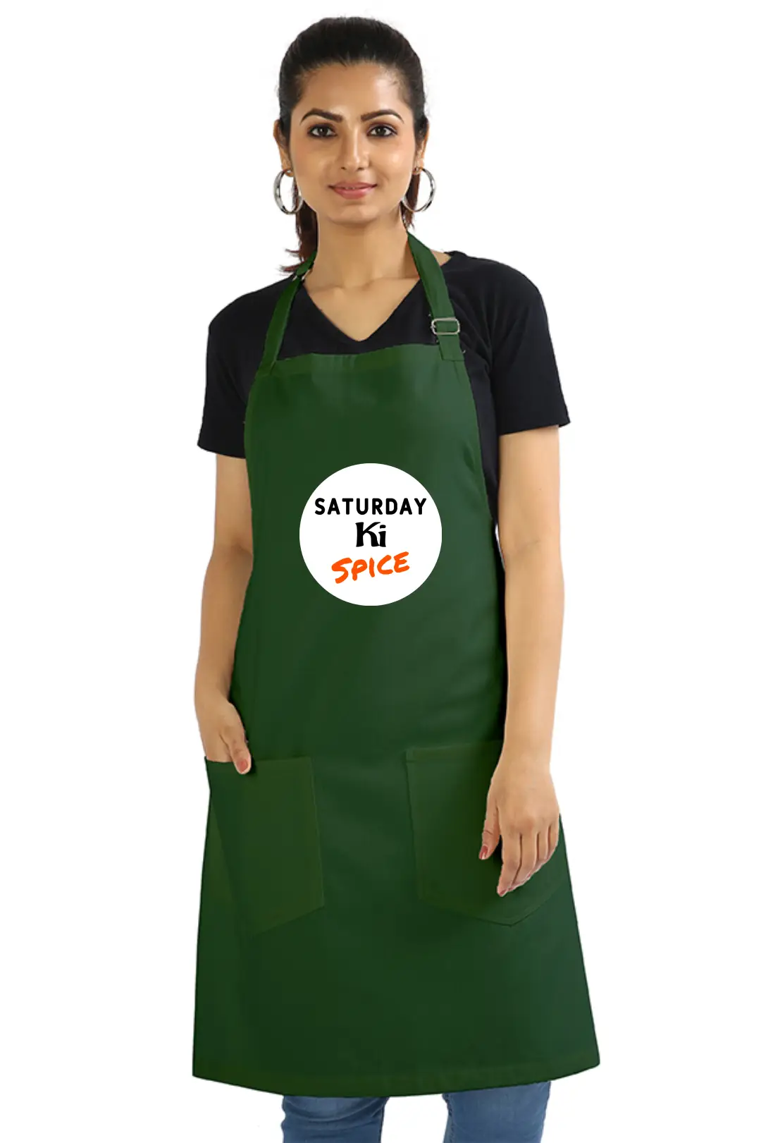 Green Color Saturday Ki Spice Cotton Apron With Adjustable Straps