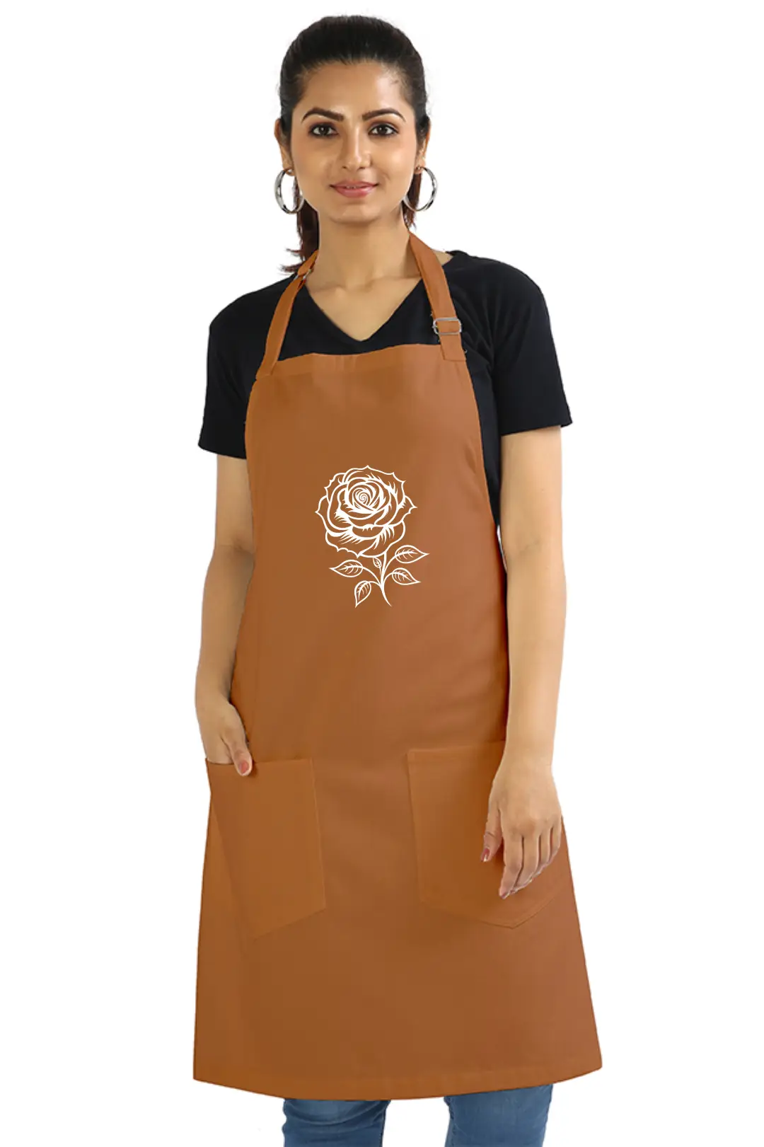 Khaki Color Flower Printed Cotton Apron With Front Pockets