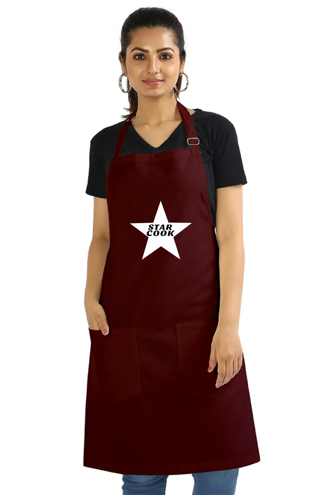 Maroon Color Star Cook Cotton Apron With Pockets and Adjustable Straps