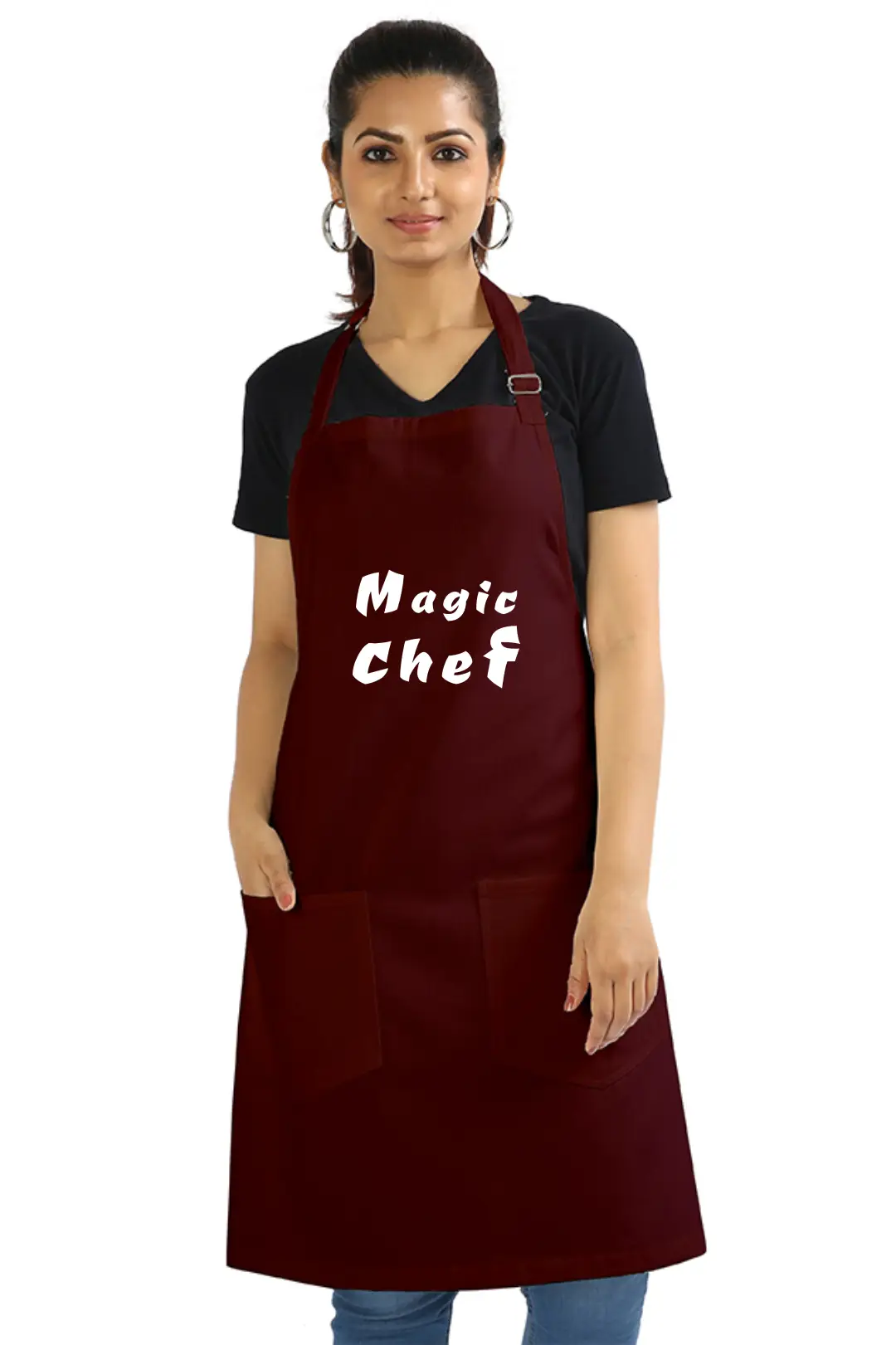 Maroon Color Magic Chef Cotton Apron With Pockets