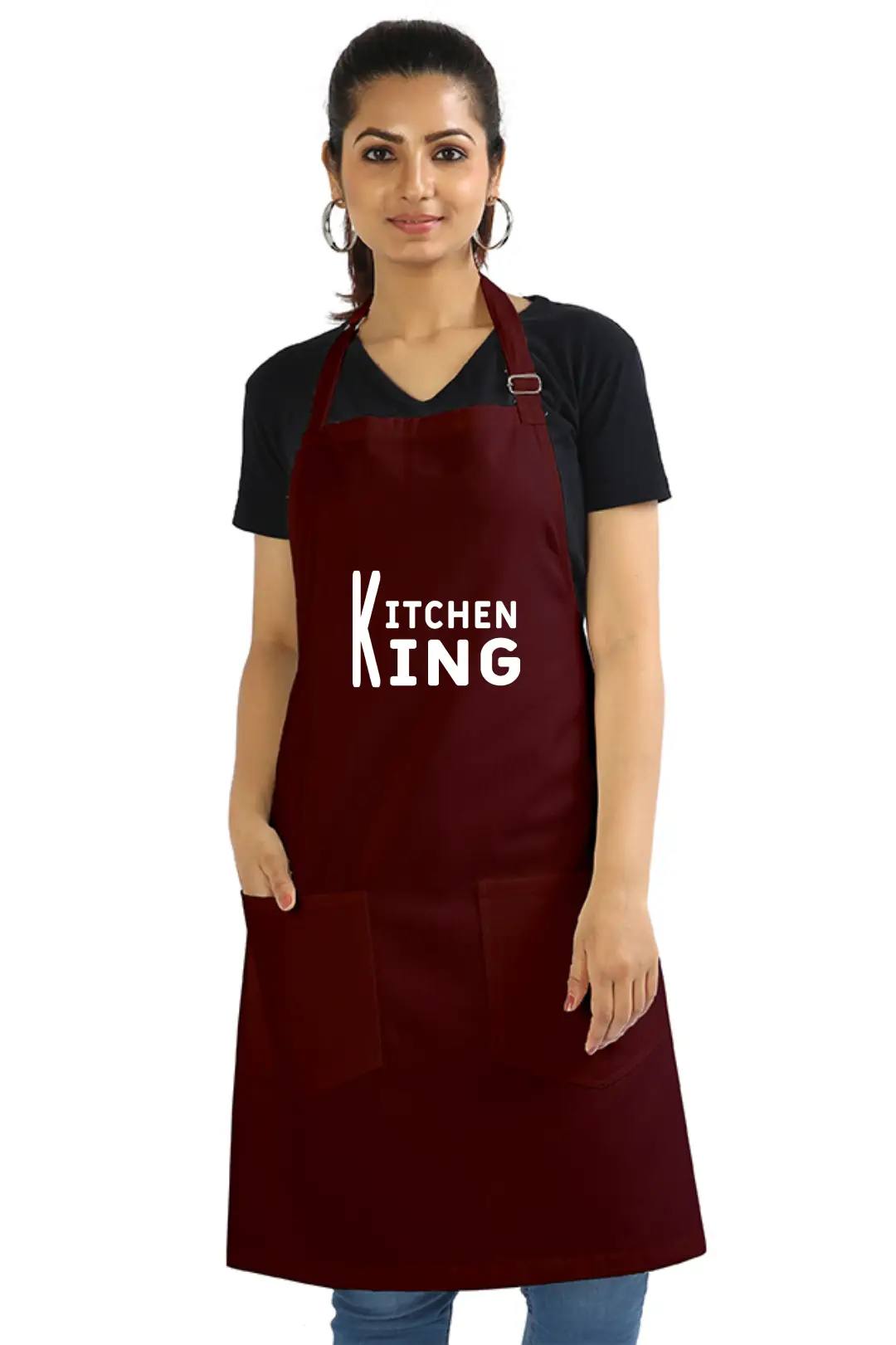Maroon Color Kitchen King Cotton Apron With Pockets