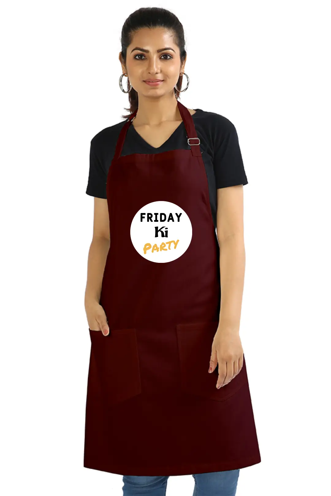 Maroon Color Friday Ki Party Cotton Apron With Adjustable Straps