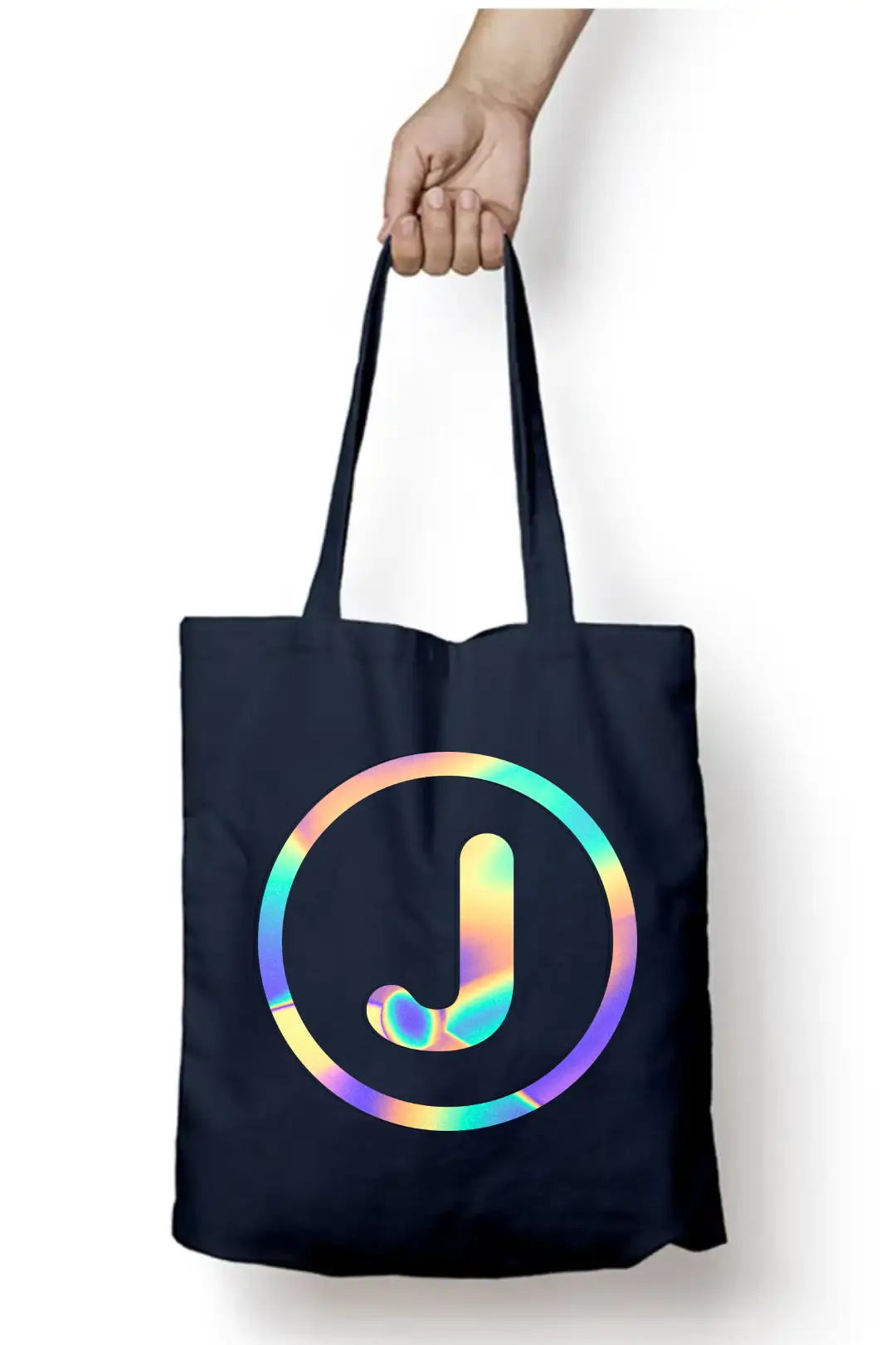 J Letter Rainbow Shiny Print Cotton Canvas Tote Bag - Image 3