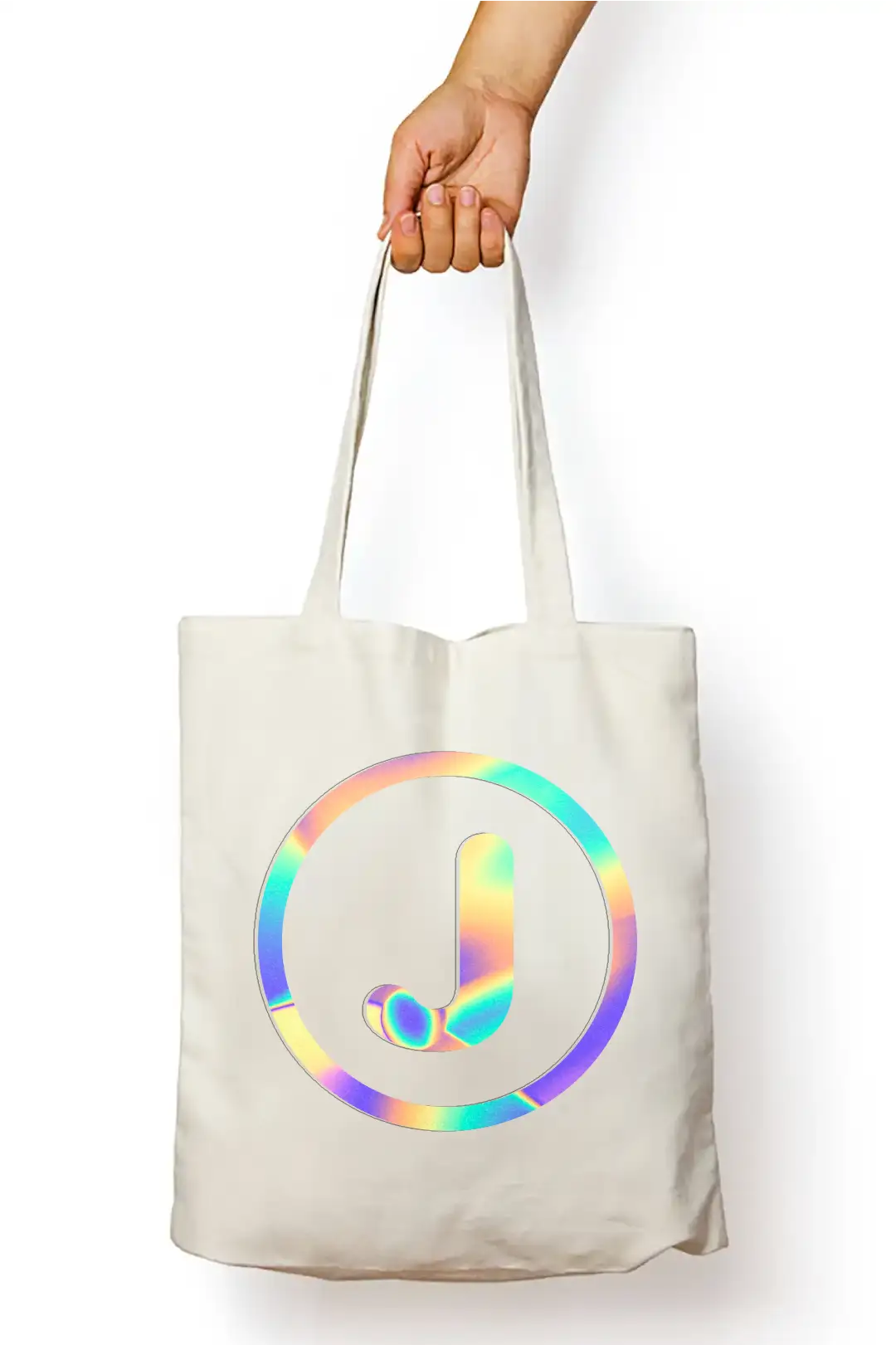J Letter Rainbow Shiny Print Cotton Canvas Tote Bag