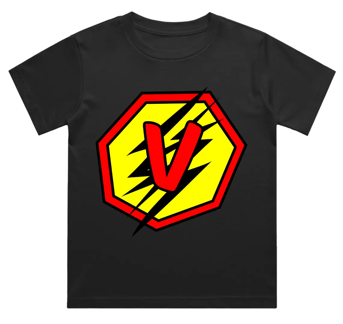 V Letter Alphabet Boys Black Cotton T-shirt
